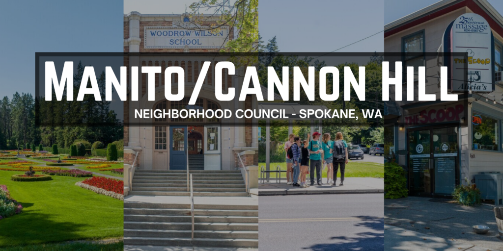 cover photo that includes four images of duncan garden, woodrow wilson school, a bus stop, and the scoop ice cream shop.  Says "Manito/Cannon Hill. Neighborhood Council, Spokane WA"