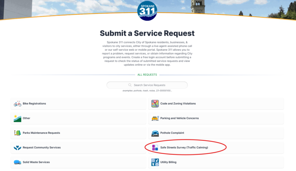 Screenshot of the My Spokane web portal where residents can submit traffic calming concerns.