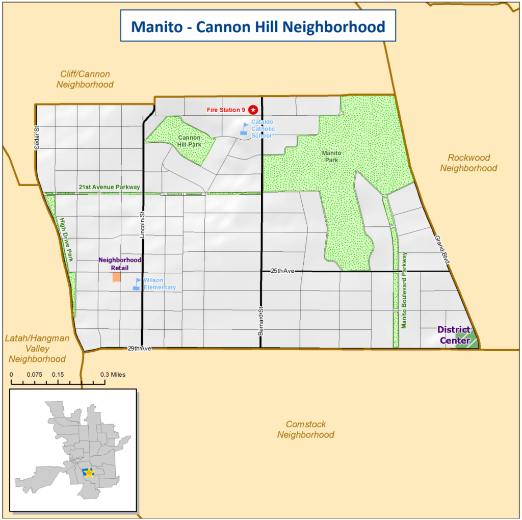 A map of Manito/Cannon Hill neighborhood featuring local landmarks such as parks, wilson elementary, and more. 